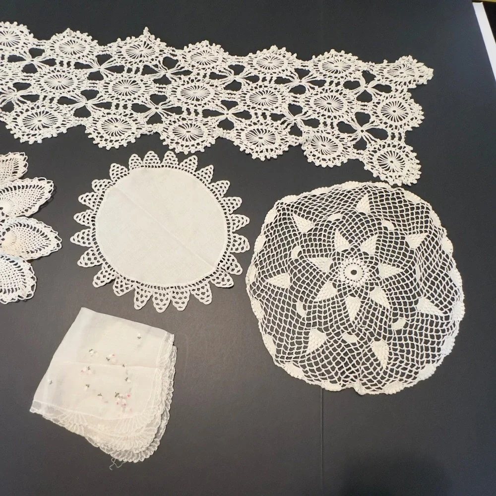 Vintage Crochet Doily Table Runner Handmade Lace 5pc Mixed Set Cottagecore Chic